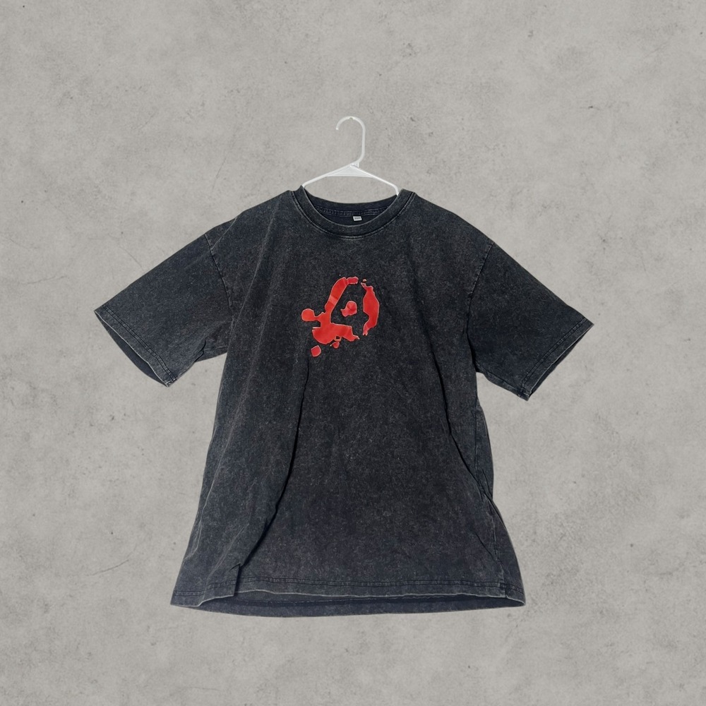 L4D Acid Wash Graphic Tee Faded Black Red Splatter Streetwear T-Shirt Mens Large